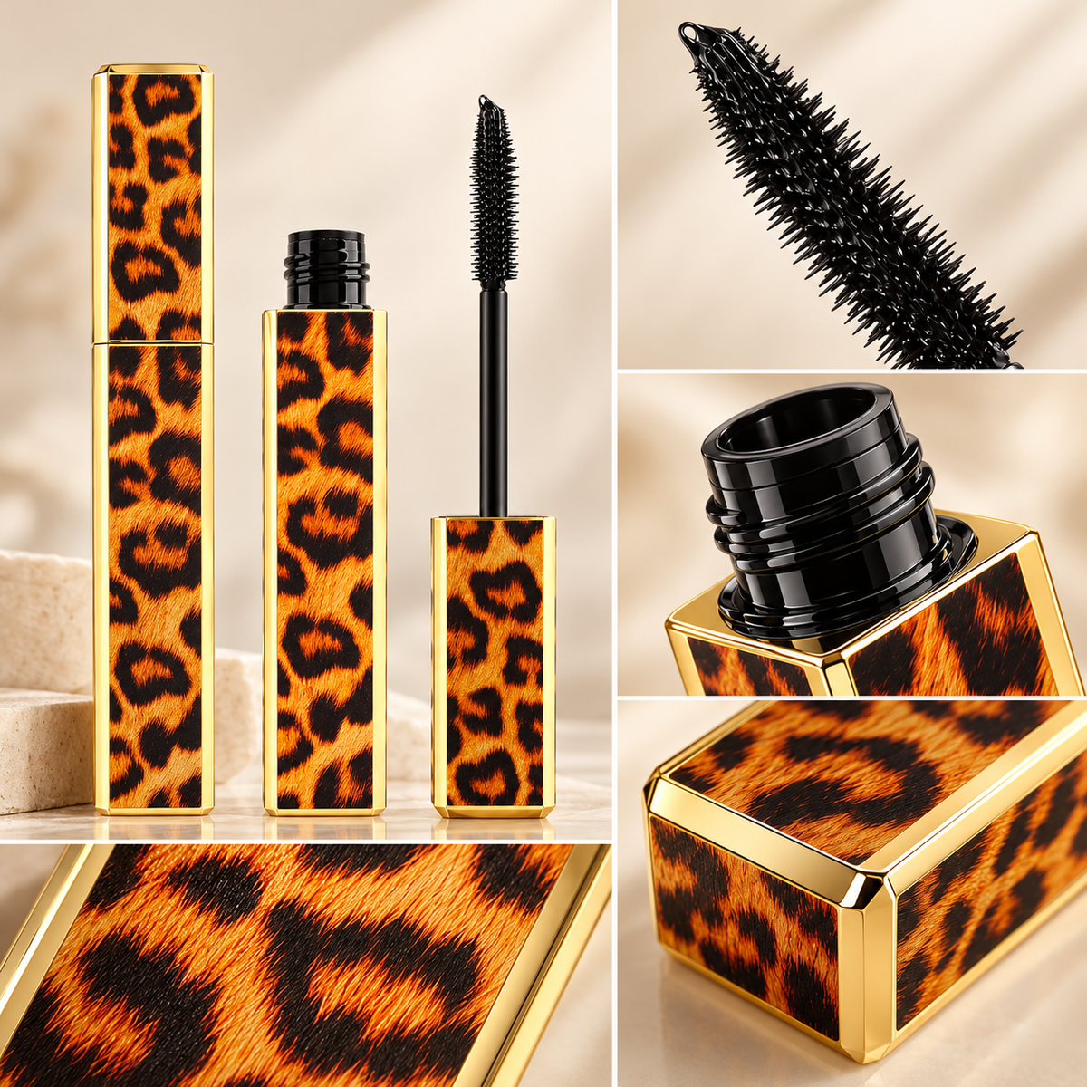 Black Mascara with Leopard Print Tube – Precision Lash Brush and Elegant Gold-Tone Packaging