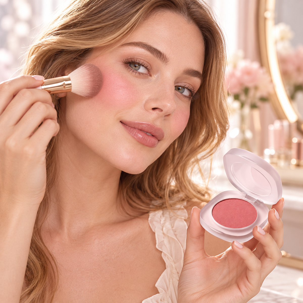 Soft Pink Powder Blush – Single Color Cheek Makeup in Frosted Compact Case