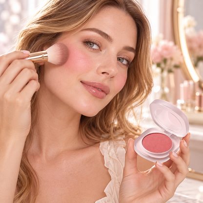 Soft Pink Powder Blush – Single Color Cheek Makeup in Frosted Compact Case