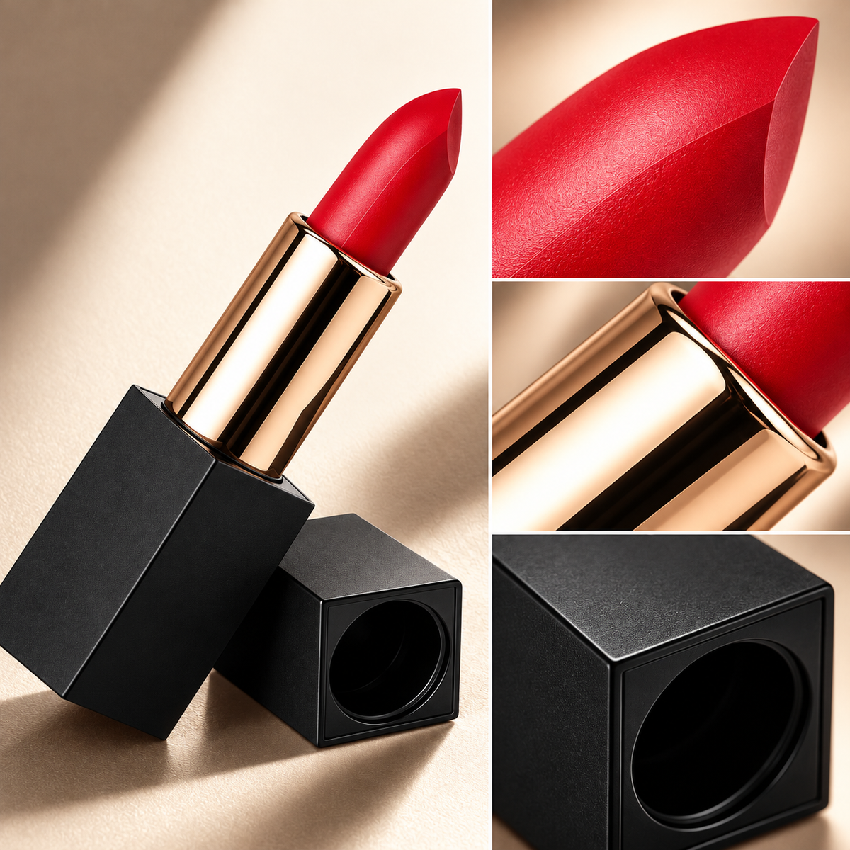 Classic Red Lipstick with Elegant Black Square Case – Smooth Application, Rich Color, Everyday Lip Makeup
