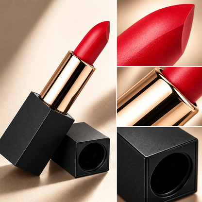 Classic Red Lipstick with Elegant Black Square Case – Smooth Application, Rich Color, Everyday Lip Makeup