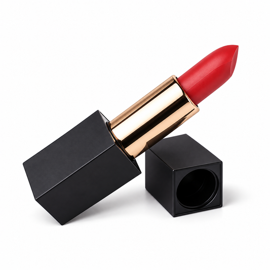 Classic Red Lipstick with Elegant Black Square Case – Smooth Application, Rich Color, Everyday Lip Makeup