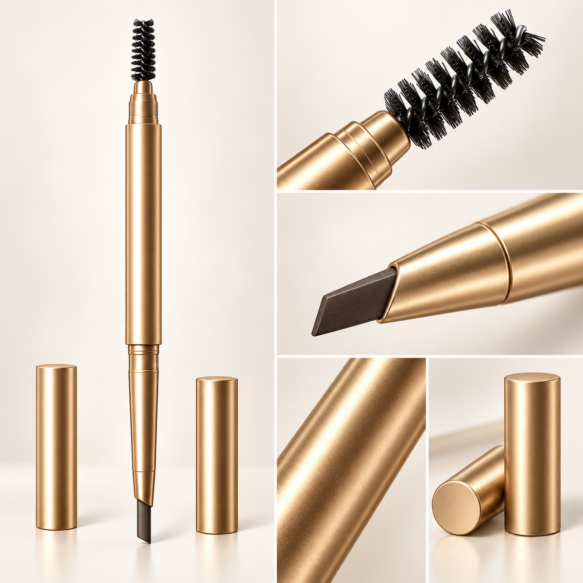 Dual-Ended Eyebrow Pencil with Spoolie Brush – Precision Brow Definer in Elegant Gold Tube