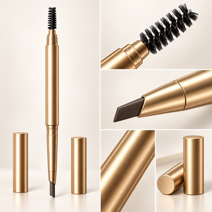 Dual-Ended Eyebrow Pencil with Spoolie Brush – Precision Brow Definer in Elegant Gold Tube