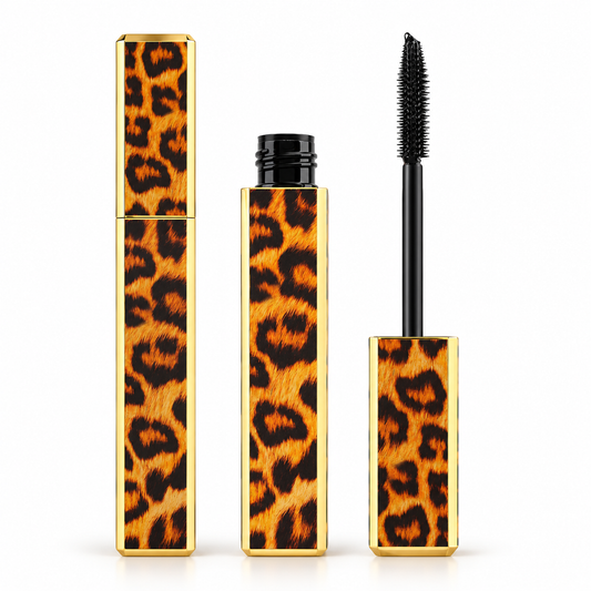 Black Mascara with Leopard Print Tube – Precision Lash Brush and Elegant Gold-Tone Packaging
